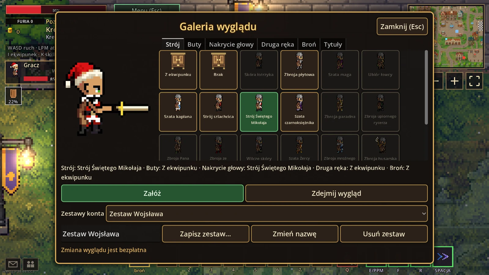 Okno garderoby z podglądem postaci, wyborem stroju, butów, nakrycia głowy i broni.
